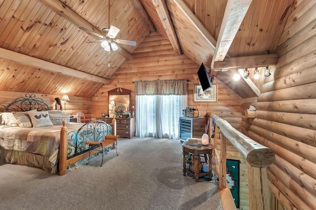 20151 Ben Fly Rd, Lyles, TN 37098 - bedroom featuring carpet flooring, wooden ceiling, and log walls