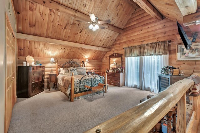 20151 Ben Fly Rd, Lyles, TN 37098 - carpeted bedroom with wooden ceiling and log walls