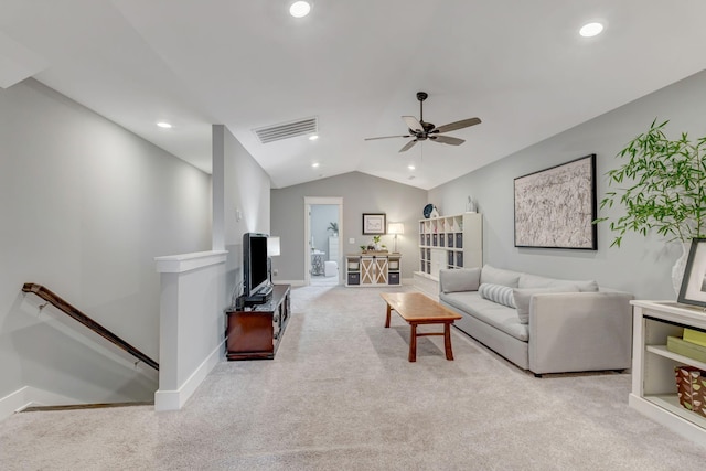 607 Beamon Dr, Franklin, TN 37064 - carpeted living room with ceiling fan, lofted ceiling, and recessed lighting