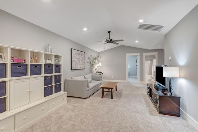607 Beamon Dr, Franklin, TN 37064 - living area featuring a ceiling fan, light colored carpet, lofted ceiling, and recessed lighting
