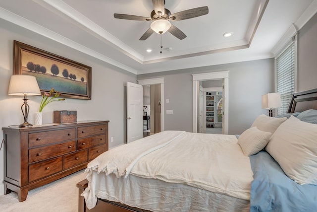 607 Beamon Dr, Franklin, TN 37064 - bedroom with recessed lighting, light colored carpet, ceiling fan, and a tray ceiling