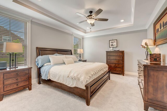 607 Beamon Dr, Franklin, TN 37064 - bedroom with light colored carpet, a tray ceiling, recessed lighting, and ceiling fan