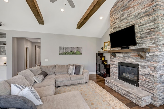 607 Beamon Dr, Franklin, TN 37064 - living room featuring wood finished floors, a ceiling fan, a stone fireplace, and recessed lighting