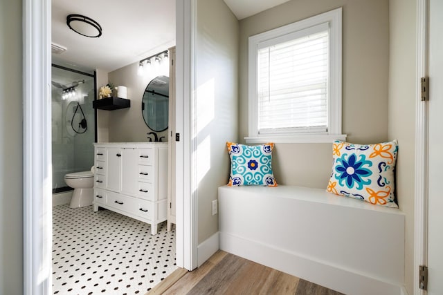 7365 Coldwater Rd, Fairview, TN 37062 - bathroom featuring vanity, a stall shower, and wood finished floors
