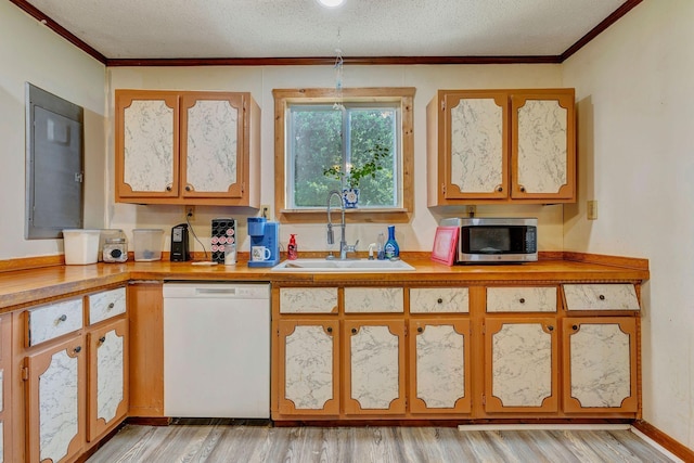 111 School St, Cumberland Furnace, TN 37051 - kitchen with dishwasher, stainless steel microwave, light wood-style flooring, crown molding, and a textured ceiling