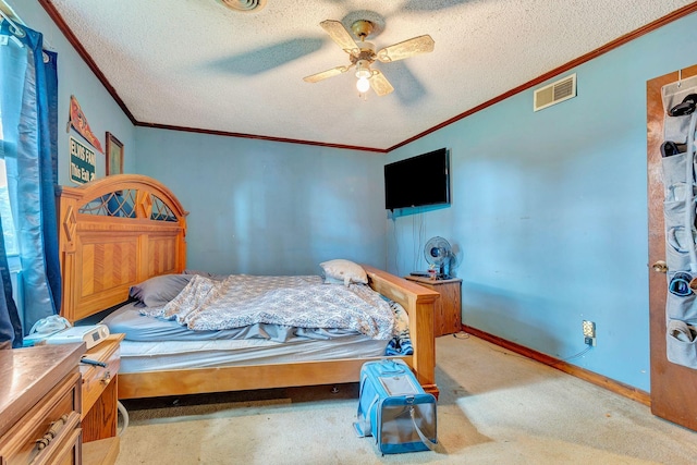 111 School St, Cumberland Furnace, TN 37051 - bedroom featuring ornamental molding, a textured ceiling, ceiling fan, and carpet floors