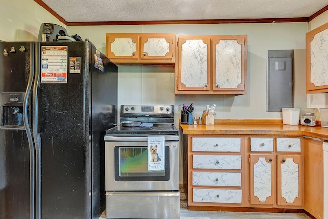 111 School St, Cumberland Furnace, TN 37051 - kitchen featuring black fridge with ice dispenser, stainless steel range with electric cooktop, a textured ceiling, crown molding, and light countertops
