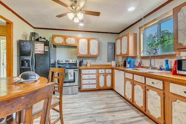 111 School St, Cumberland Furnace, TN 37051 - kitchen with appliances with stainless steel finishes, a textured ceiling, ornamental molding, light wood-style floors, and light countertops