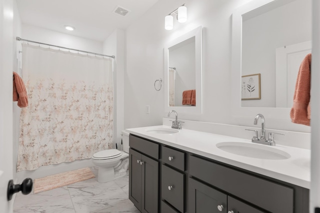 2618 Buckner Ln, Thompsons Station, TN 37179 - bathroom featuring double vanity, marble finish flooring, and shower / tub combo with curtain