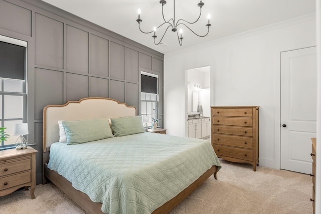 2618 Buckner Ln, Thompsons Station, TN 37179 - bedroom with light colored carpet, crown molding, a chandelier, and ensuite bath