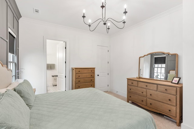 2618 Buckner Ln, Thompsons Station, TN 37179 - bedroom featuring ornamental molding, a chandelier, light carpet, and connected bathroom