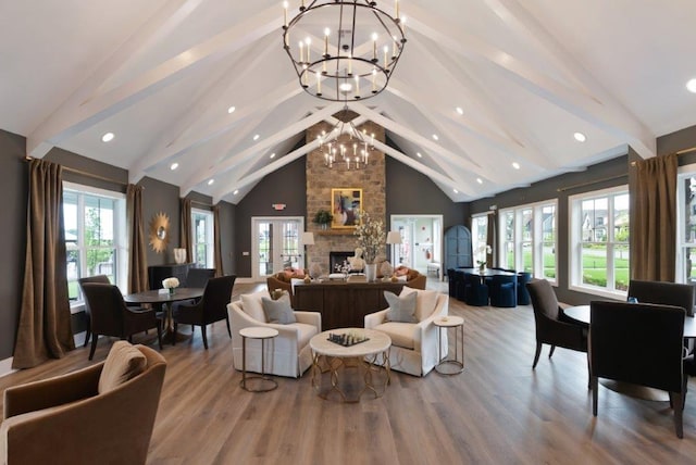 2618 Buckner Ln, Thompsons Station, TN 37179 - living room featuring a chandelier, beam ceiling, wood finished floors, recessed lighting, and a fireplace
