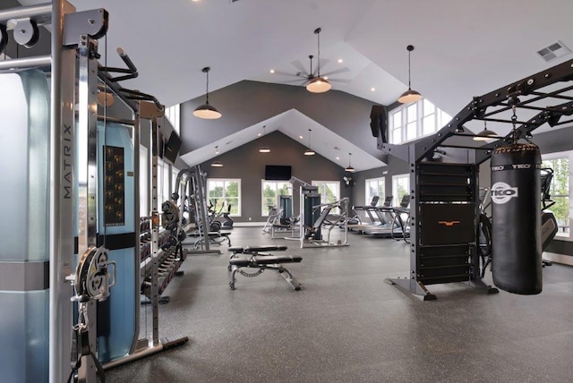 2618 Buckner Ln, Thompsons Station, TN 37179 - workout area featuring a ceiling fan, high vaulted ceiling, and recessed lighting