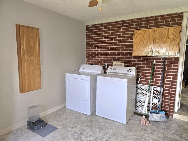 5840 Scottsville Rd, Lafayette, TN 37083 - laundry area featuring separate washer and dryer, ceiling fan, and brick wall