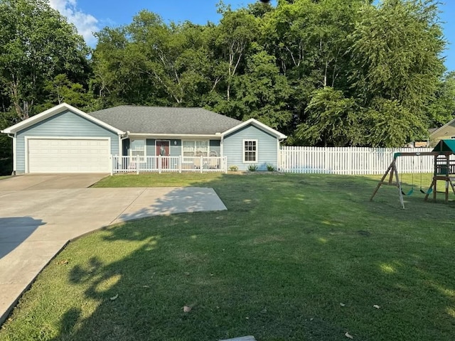 3482 Mahlon Moore Rd, Spring Hill, TN 37174 - ranch-style home featuring a playground, an attached garage, concrete driveway, and a porch