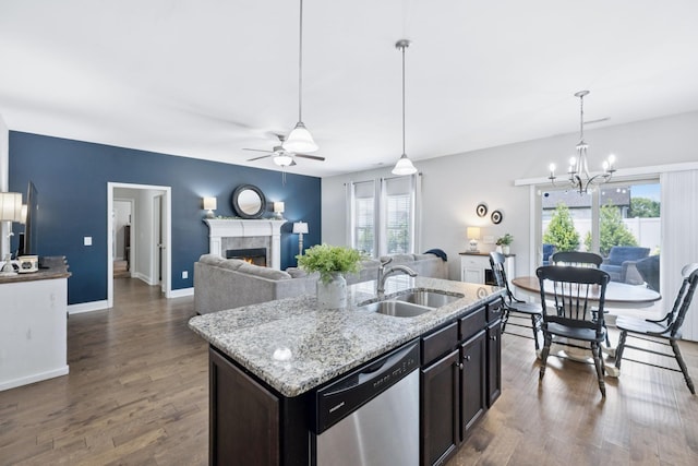 2426 Telford Ln, Murfreesboro, TN 37128 - kitchen with stainless steel dishwasher, a chandelier, wood finished floors, and a ceiling fan
