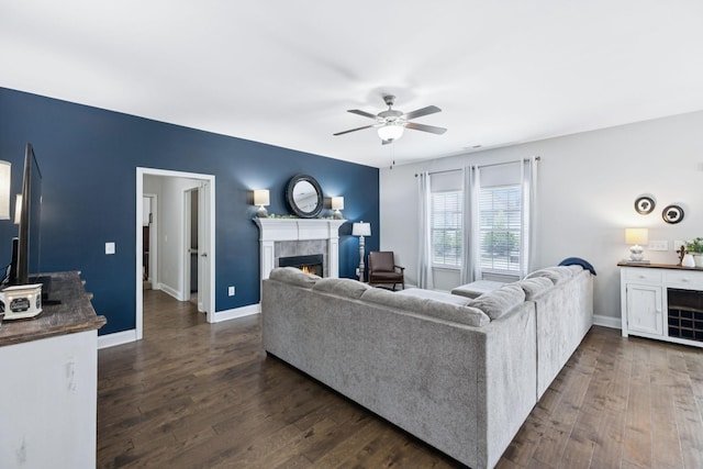 2426 Telford Ln, Murfreesboro, TN 37128 - living room featuring a fireplace, ceiling fan, and dark wood-style flooring
