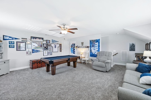 2426 Telford Ln, Murfreesboro, TN 37128 - recreation room featuring carpet floors, billiards table, ceiling fan, and lofted ceiling