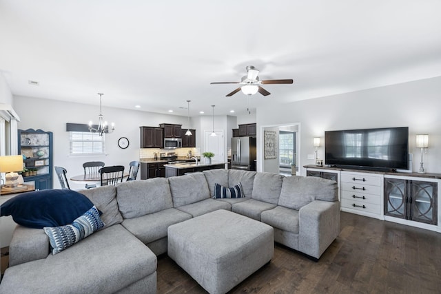 2426 Telford Ln, Murfreesboro, TN 37128 - living area featuring a ceiling fan, a chandelier, dark wood-style floors, and recessed lighting