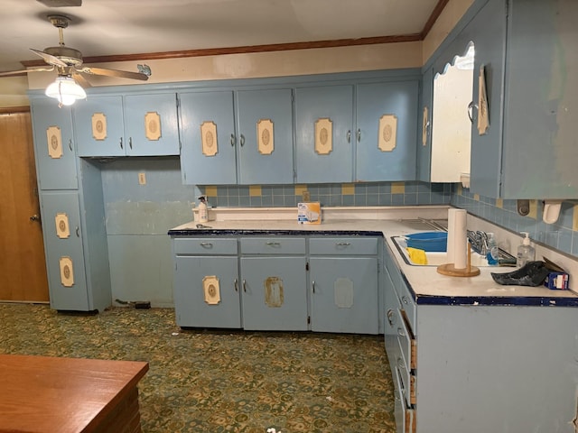 887 Elwood Dr, Clarksville, TN 37040 - kitchen with backsplash, a ceiling fan, and crown molding