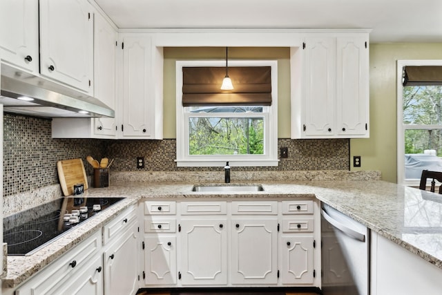 6002 Temple Rd, Nashville, TN 37221 - kitchen with dishwasher, black electric cooktop, under cabinet range hood, white cabinetry, and decorative backsplash