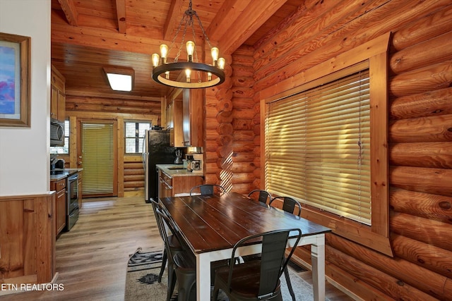 849 Golf View Blvd, Pigeon Forge, TN 37863 - dining room with a chandelier, wood ceiling, rustic walls, and light wood finished floors