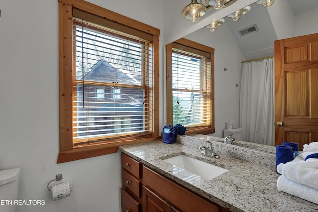849 Golf View Blvd, Pigeon Forge, TN 37863 - bathroom with vanity, curtained shower, and lofted ceiling