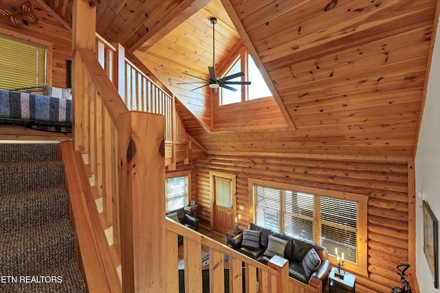 849 Golf View Blvd, Pigeon Forge, TN 37863 - stairway featuring rustic walls, high vaulted ceiling, ceiling fan, and wooden ceiling
