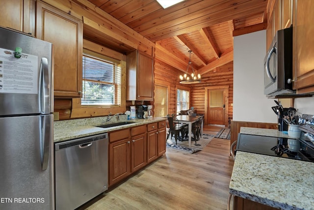 849 Golf View Blvd, Pigeon Forge, TN 37863 - kitchen with appliances with stainless steel finishes, wooden ceiling, healthy amount of natural light, light wood-style flooring, and a chandelier