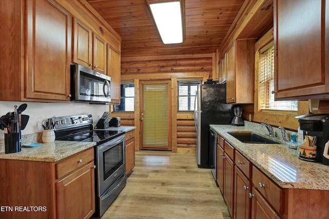 849 Golf View Blvd, Pigeon Forge, TN 37863 - kitchen featuring appliances with stainless steel finishes, light wood-style flooring, brown cabinetry, light stone countertops, and wood ceiling