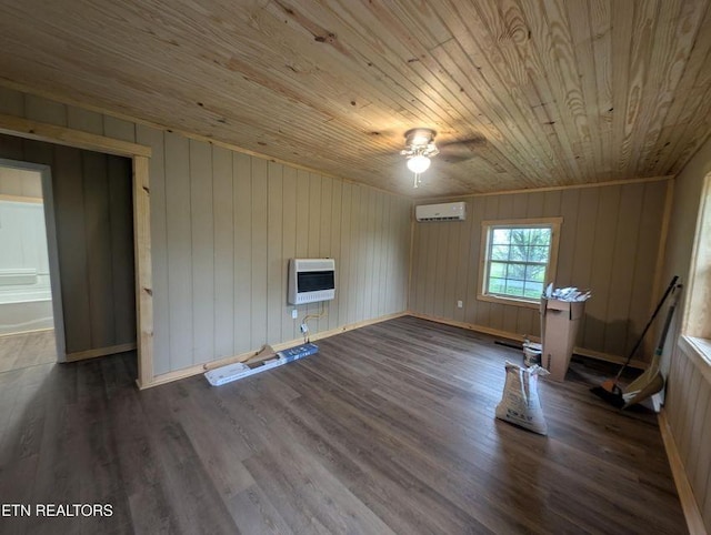1014 Frank Campbell Rd, Jamestown, TN 38556 - unfurnished living room with heating unit, wooden ceiling, ceiling fan, wood finished floors, and wooden walls