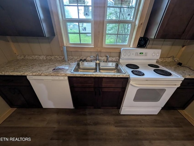 1014 Frank Campbell Rd, Jamestown, TN 38556 - kitchen with white appliances, dark wood finished floors, light stone counters, and dark brown cabinets