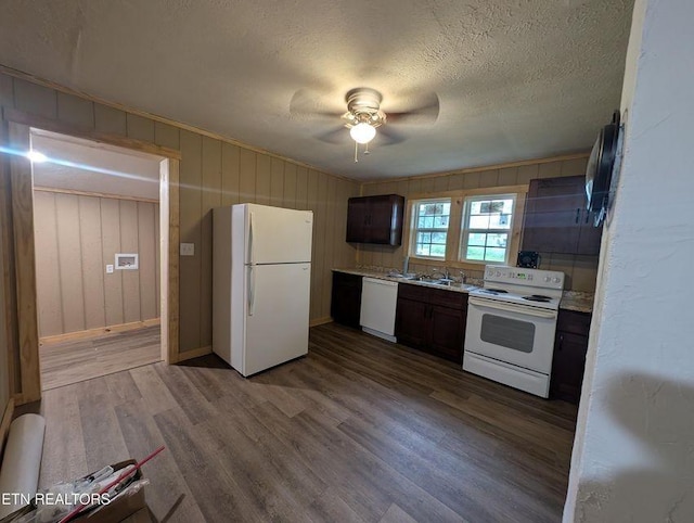 1014 Frank Campbell Rd, Jamestown, TN 38556 - kitchen with white appliances, a ceiling fan, light countertops, dark wood finished floors, and a textured ceiling