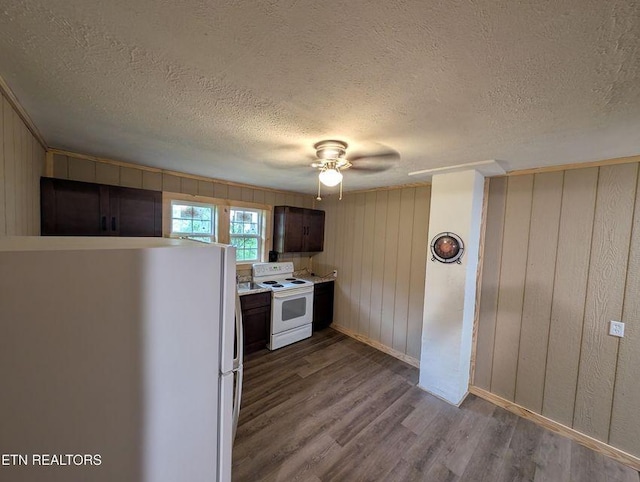 1014 Frank Campbell Rd, Jamestown, TN 38556 - kitchen with white appliances, dark wood-type flooring, a ceiling fan, a textured ceiling, and light countertops