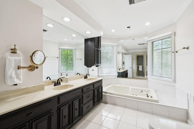 223 Kennett Rd, Old Hickory, TN 37138 - bathroom with a garden tub, ornamental molding, double vanity, healthy amount of natural light, and tile patterned flooring