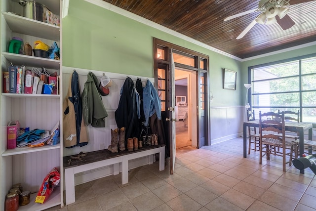 1539 Old Florence Rd, Lawrenceburg, TN 38464 - mudroom featuring a wainscoted wall, ornamental molding, wooden ceiling, ceiling fan, and tile patterned floors