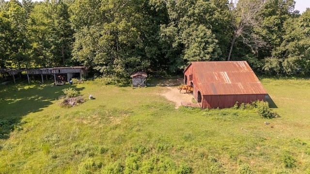 1539 Old Florence Rd, Lawrenceburg, TN 38464 - view of grassy yard featuring an outbuilding, a view of trees, a pole building, and dirt driveway
