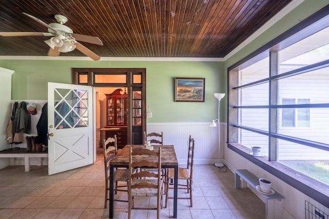 1539 Old Florence Rd, Lawrenceburg, TN 38464 - tiled dining space with ornamental molding, a wainscoted wall, wooden ceiling, and ceiling fan