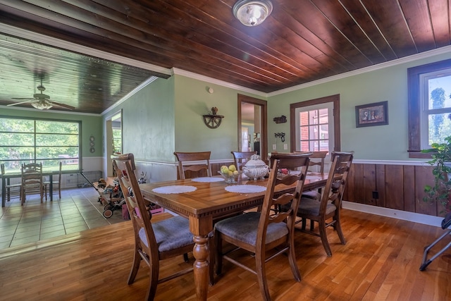 1539 Old Florence Rd, Lawrenceburg, TN 38464 - dining area featuring ornamental molding, a wainscoted wall, wooden ceiling, hardwood / wood-style flooring, and a ceiling fan