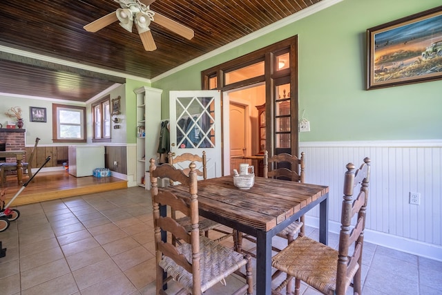 1539 Old Florence Rd, Lawrenceburg, TN 38464 - tiled dining space featuring ornamental molding, wainscoting, wooden ceiling, and ceiling fan