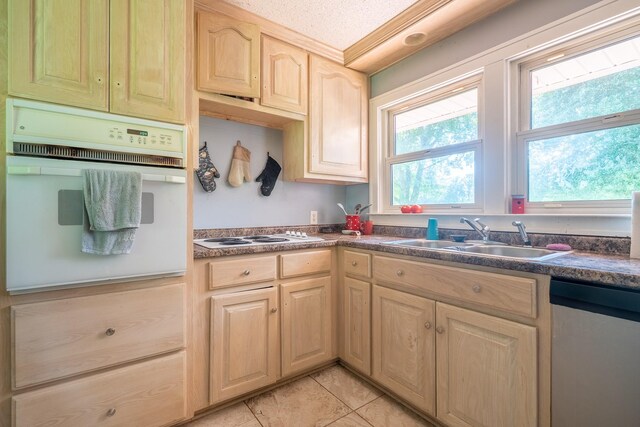 1539 Old Florence Rd, Lawrenceburg, TN 38464 - kitchen featuring white appliances, light brown cabinets, light tile patterned flooring, dark countertops, and ornamental molding
