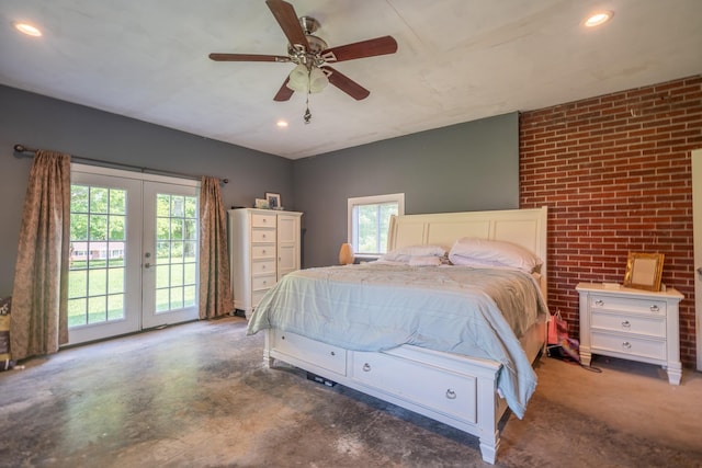 1539 Old Florence Rd, Lawrenceburg, TN 38464 - bedroom featuring french doors, access to exterior, recessed lighting, brick wall, and a ceiling fan