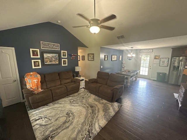49 Rebecca Ln W, Estill Springs, TN 37330 - living room featuring a ceiling fan, dark wood-type flooring, and high vaulted ceiling
