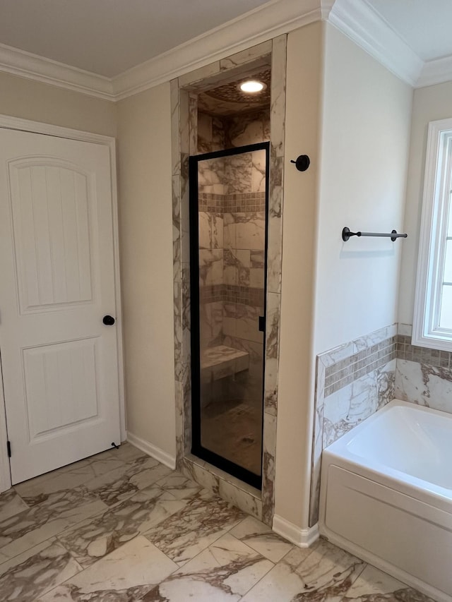 1775 Oak Forest Dr, Clarksville, TN 37043 - bathroom with a bath, marble look tiles, a stall shower, and crown molding
