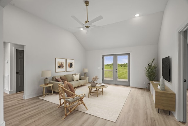 165 Lear Rd, Portland, TN 37148 - living room with light wood-style floors, a ceiling fan, high vaulted ceiling, french doors, and recessed lighting