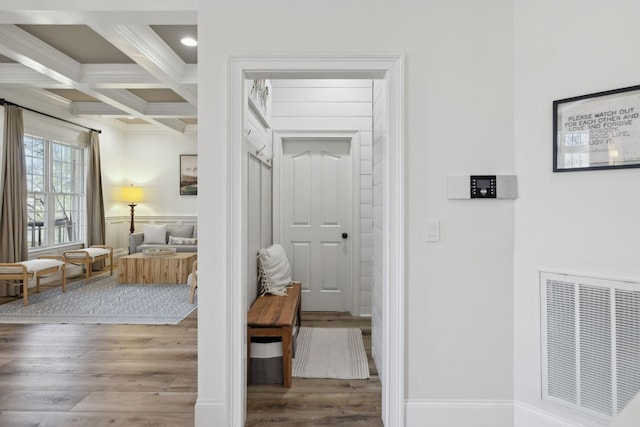 8217 W Chase Ct, Nashville, TN 37221 - hall featuring crown molding, wood finished floors, beamed ceiling, and coffered ceiling