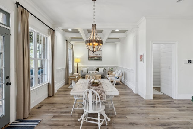 8217 W Chase Ct, Nashville, TN 37221 - dining space with coffered ceiling, recessed lighting, wood finished floors, beamed ceiling, and a chandelier