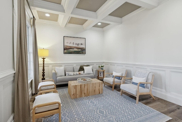 8217 W Chase Ct, Nashville, TN 37221 - living area featuring beamed ceiling, wood finished floors, coffered ceiling, recessed lighting, and ornamental molding