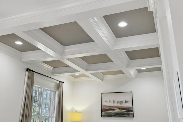 8217 W Chase Ct, Nashville, TN 37221 - detailed view of crown molding, beam ceiling, coffered ceiling, and recessed lighting