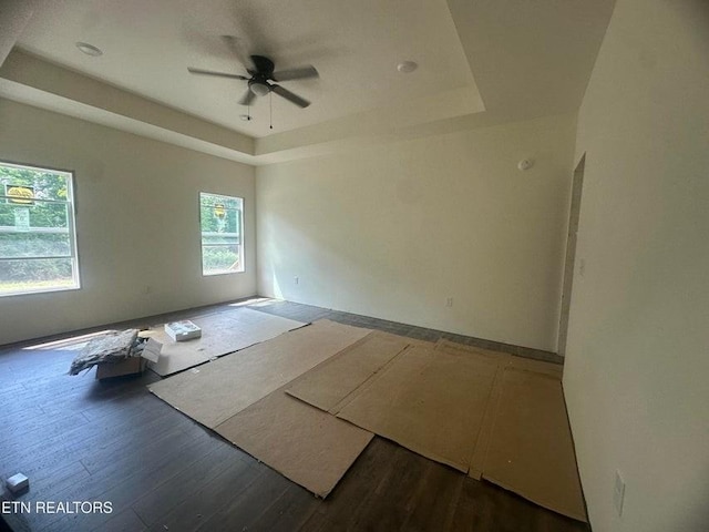 250 Old Grimsley Ct, Grimsley, TN 38565 - unfurnished room featuring a tray ceiling, ceiling fan, and dark wood-style floors